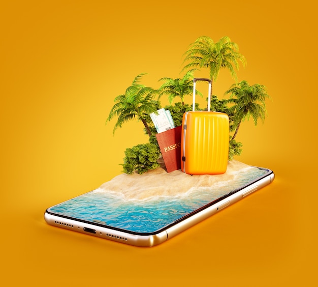 Illustrazione 3D di un'isola tropicale con palme, valigia e passaporto sullo schermo di uno smartphone