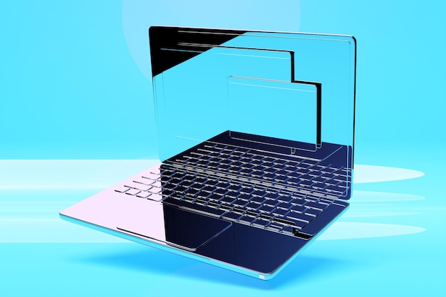 Illustrazione 3D di un laptop argento con una barra di ricerca di informazioni su sfondo blu Il concetto di comunicazione