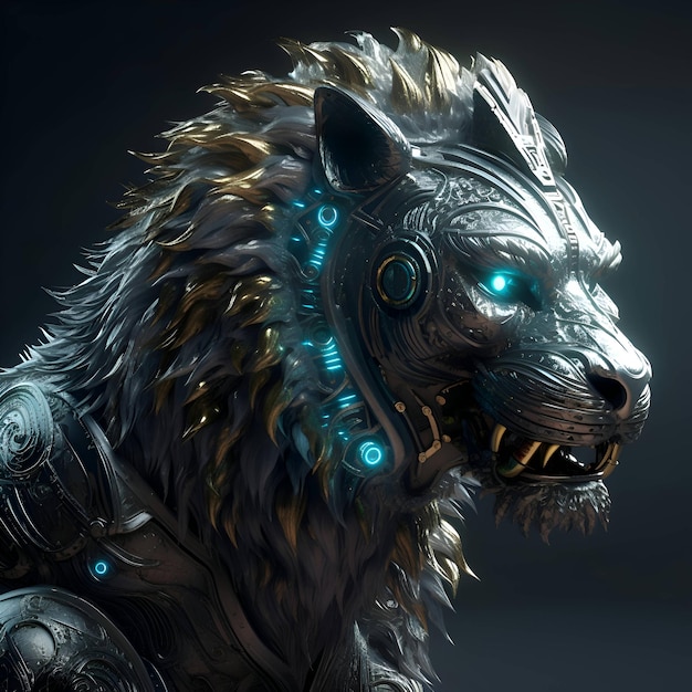 Illustrazione 3D di un leone fantasy con occhi blu e gialli