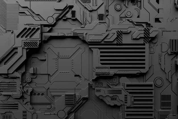 Illustrazione 3d di un modello realistico di un robot o di un'armatura cibernetica grigia Attrezzatura da primo piano per l'estrazione mineraria di criptobitcoin Ether Schede madri Schede video