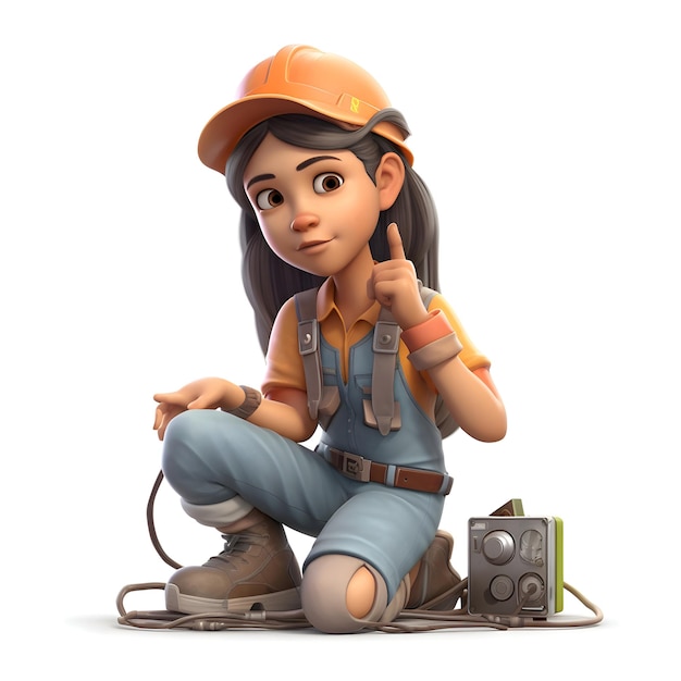 Illustrazione 3D di un operaio edile femminile seduto sul pavimento con una presa elettrica