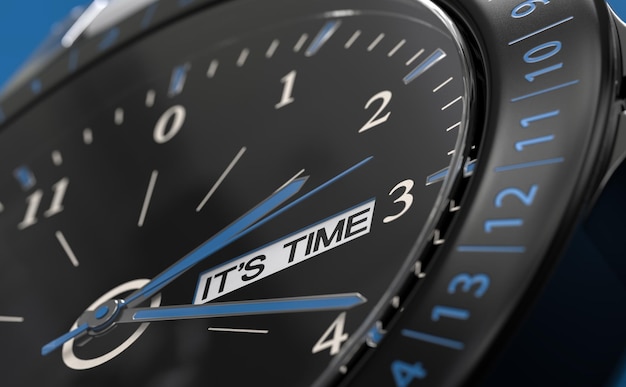 Illustrazione 3D di un orologio con il testo It's time Concept di scadenza o urgenza per raggiungere un obiettivo