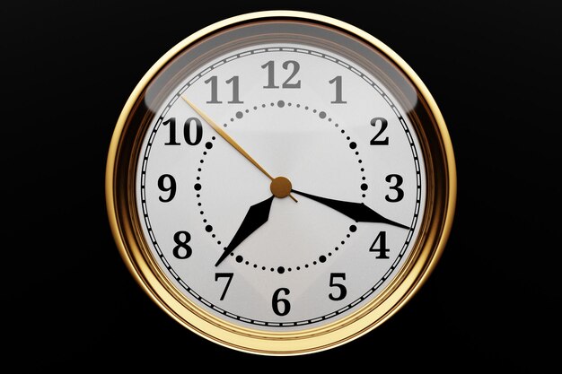 Illustrazione 3D di un orologio rotondo in oro con numeri su sfondo nero isolato. concetto di tempo
