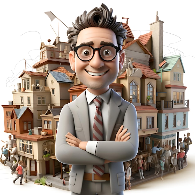 Illustrazione 3D di un personaggio dei cartoni animati come agente immobiliare