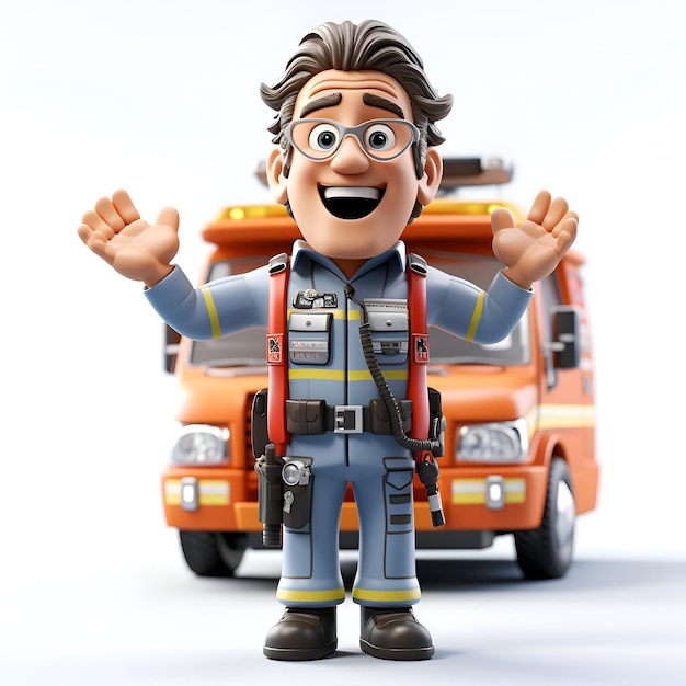 Illustrazione 3D di un personaggio dei cartoni animati con zaino e fondo di camion dei vigili del fuoco.