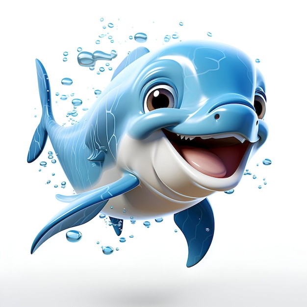 Illustrazione 3D di un personaggio dei cartoni animati Cute Dolphin con gocce d'acqua