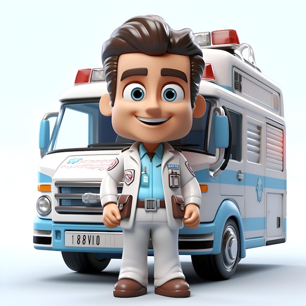 Illustrazione 3D di un personaggio di cartone animato con un'ambulanza sullo sfondo