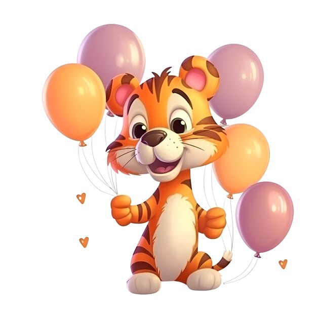 Illustrazione 3D di un personaggio di cartone animato di tigre con palloncini e cuori