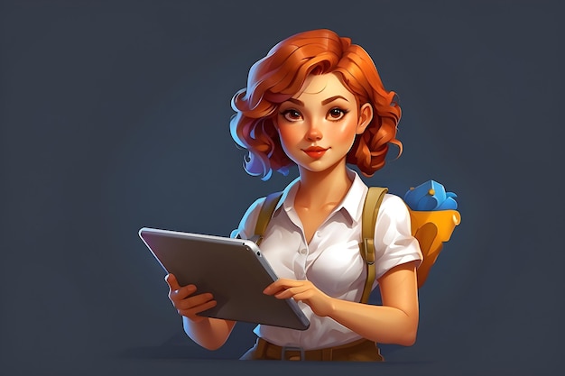 Illustrazione 3D di un personaggio di graphic designer femminile che lavora su un tablet