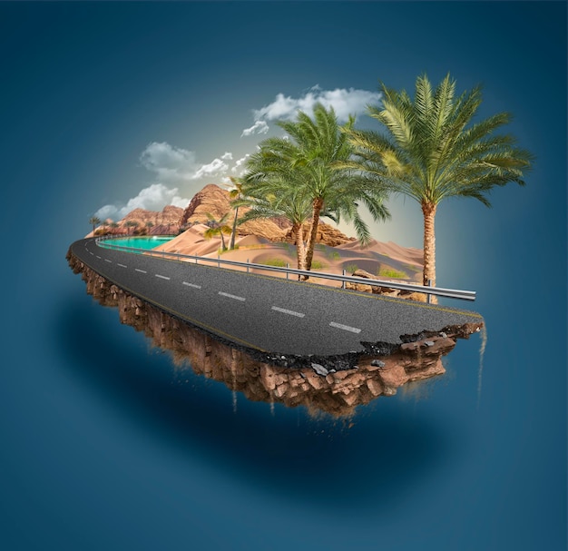 Illustrazione 3d di un pezzo di deserto isolato design creativo di viaggi e turismo con palme