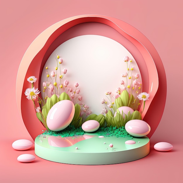Illustrazione 3D di un podio con fiori di uova di Pasqua e ornamenti verdi per l'esposizione del prodotto