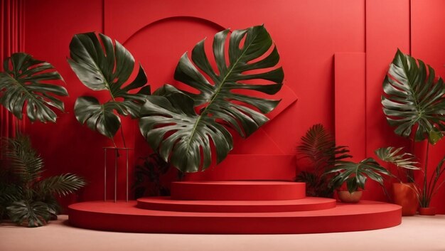 Illustrazione 3D di un podio rosso vuoto per la progettazione sullo sfondo astratto di belle piante tropicali