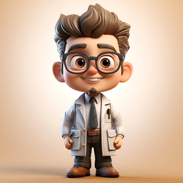 Illustrazione 3D di un ragazzino con gli occhiali e i capelli castani in postura di piedi