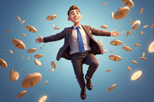 Illustrazione 3d di un simpatico uomo sorridente che vola in aria come un aereo cartone animato che cade felice uomo d'affari allegro libero professionista che celebra il successo carattere euforico sentimento