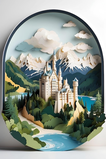 Illustrazione 3D di un taglio di carta di un castello nel bosco a strati di carta d'arte