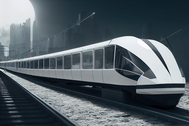 Illustrazione 3d di un treno moderno e futuristico che si muove velocemente e in silenzio nella città