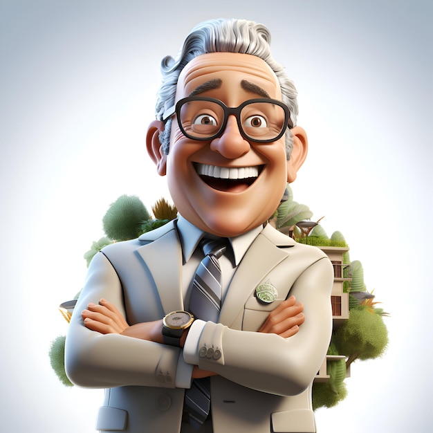 Illustrazione 3D di un uomo anziano felice in abito da lavoro