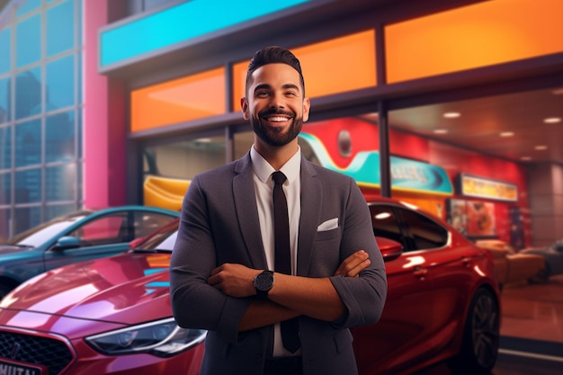 Illustrazione 3D di un uomo d'affari dei cartoni animati in piedi davanti a un parcheggio