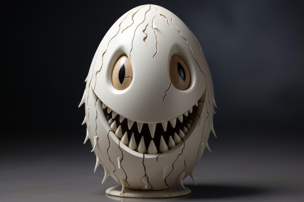 Illustrazione 3D di un uovo sorridente con grandi denti su uno sfondo nero