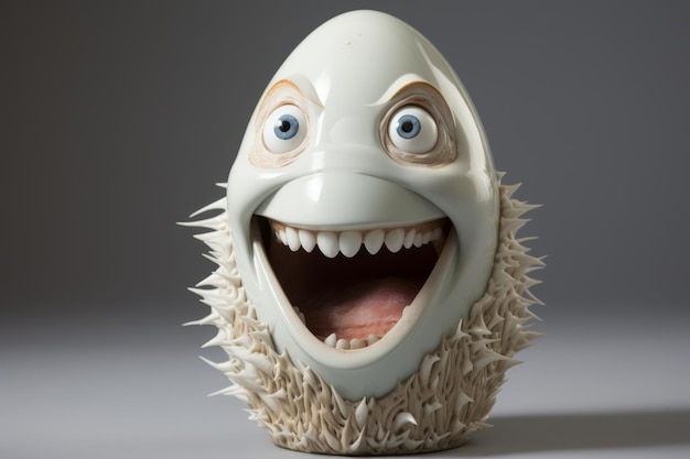 Illustrazione 3D di un uovo sorridente con grandi denti sullo sfondo