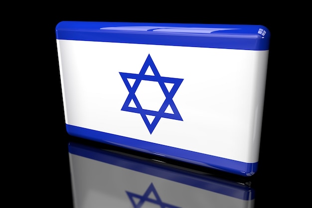 Illustrazione 3D di una bandiera quadrata di Israele su sfondo scuro.