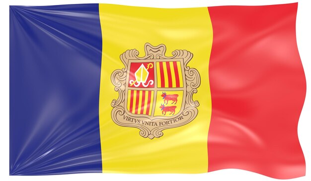 Illustrazione 3d di una bandiera sventolante di Andorra