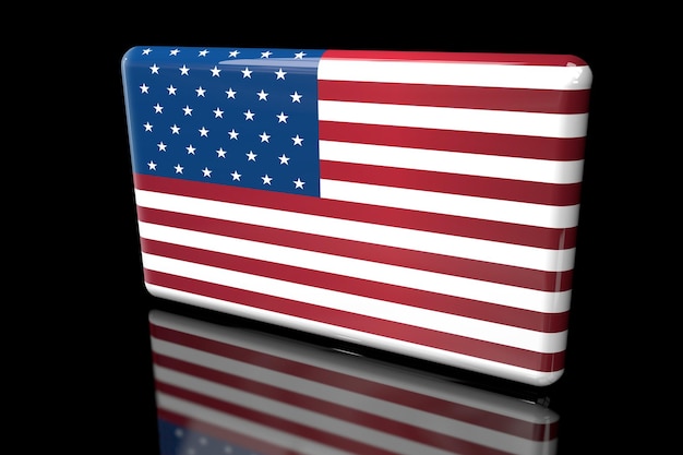 Illustrazione 3D di una bandiera USA quadrata su sfondo scuro.