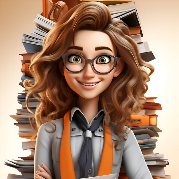 Illustrazione 3D di una bella giovane donna con occhiali e libri