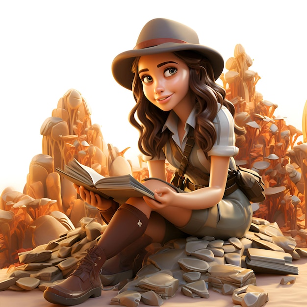 Illustrazione 3D di una bella ragazza con il cappello da safari che legge un libro