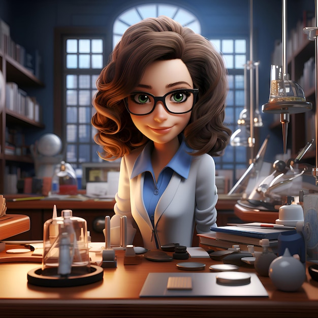 Illustrazione 3D di una bella ragazza scienziata in un laboratorio Scienza e istruzione