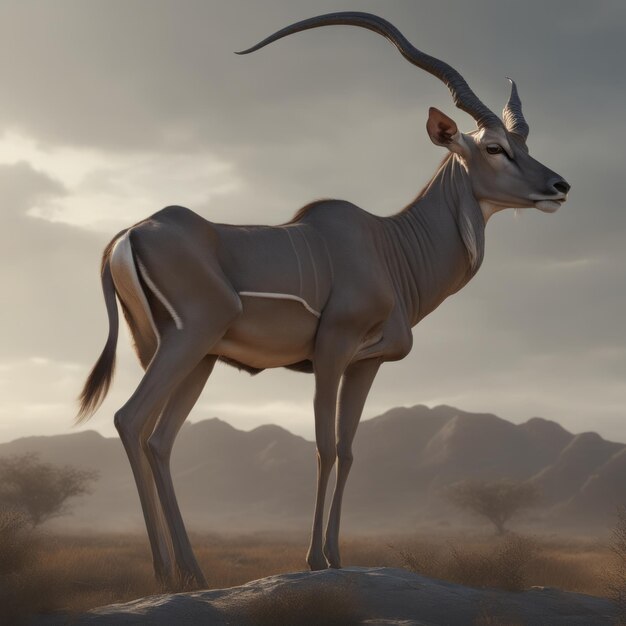 Illustrazione 3D di una bellissima antilope bianca nel paesaggio del deserto