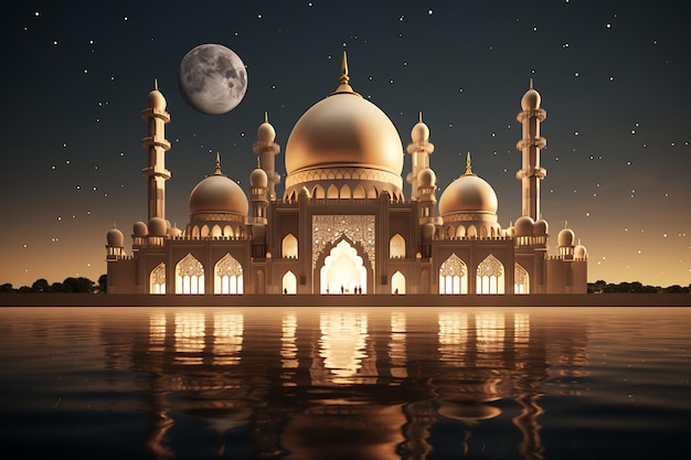 Illustrazione 3D di una bellissima moschea di notte con la luna piena