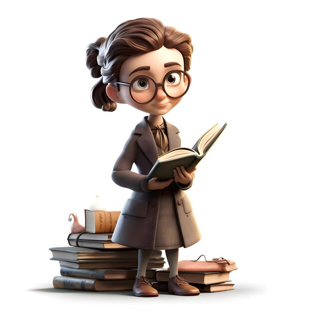 Illustrazione 3D di una giovane donna d'affari con gli occhiali che legge un libro