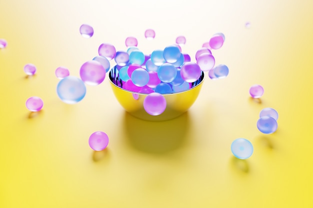 Illustrazione 3D di una grande piastra con palline di vetro colorate che volano in direzioni diverse su uno sfondo giallo. Perline lucide
