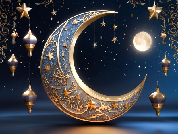 Illustrazione 3D di una mezzaluna e stelle adornate di calligrafia islamica