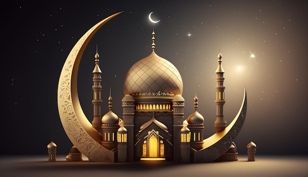 Illustrazione 3d di una moschea con l'ornamento dorato delle stelle e della luna