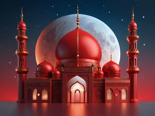 Illustrazione 3D di una moschea con ornamento di luna e stelle dorate