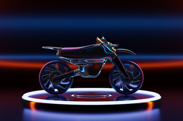 Illustrazione 3D di una motocicletta nera sul podio in una stanza al neon incandescente.