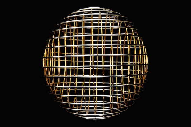 Illustrazione 3D di una palla di metallo dorato con molte facce su sfondo nero Sfera cyber ball