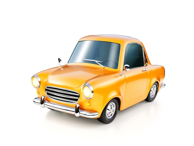 Illustrazione 3D di una retro automobile divertente del fumetto giallo isolata sulla superficie bianca