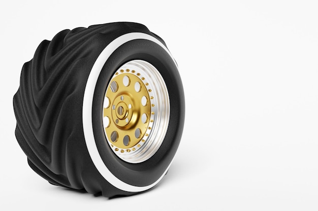 Illustrazione 3d di una ruota realistica con pneumatici larghi su sfondo bianco isolato