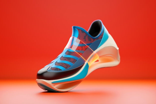Illustrazione 3D di una scarpa concettuale per il metaverse Sneaker sportive colorate su una piattaforma alta