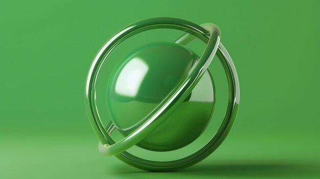 Illustrazione 3D di una sfera verde lucida con una sfera su uno sfondo verde e una superficie riflettente lucida