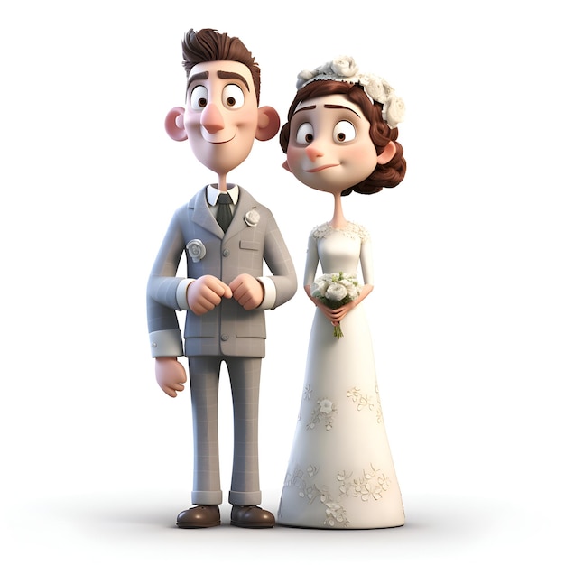 Illustrazione 3D di una sposa e di uno sposo su sfondo bianco