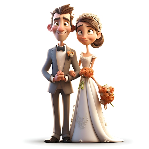 Illustrazione 3D di una sposa e uno sposo su uno sfondo bianco