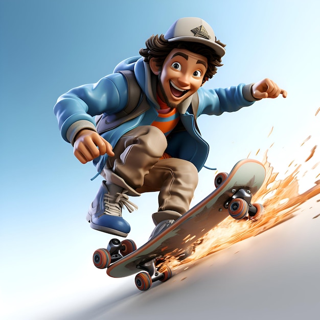 Illustrazione 3D di uno skateboarder che salta con uno snowboard