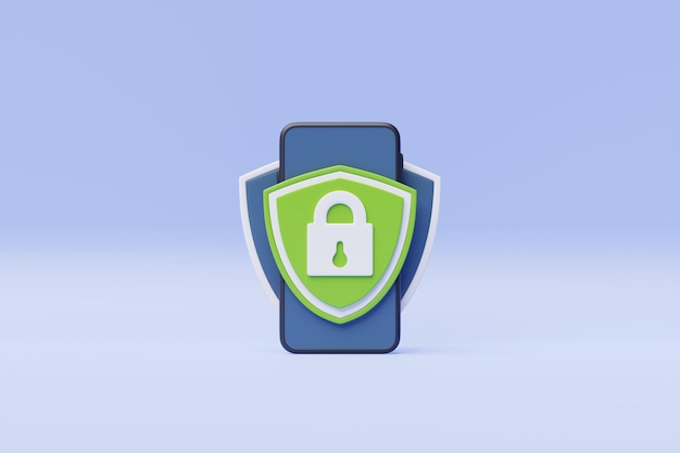 Illustrazione 3D di uno smartphone con scudo di protezione e lucchetto 3D render sicurezza per lo shopping online pagamento online con protezione del pagamento shopping con sicurezza della password del telefono cellulare 3D