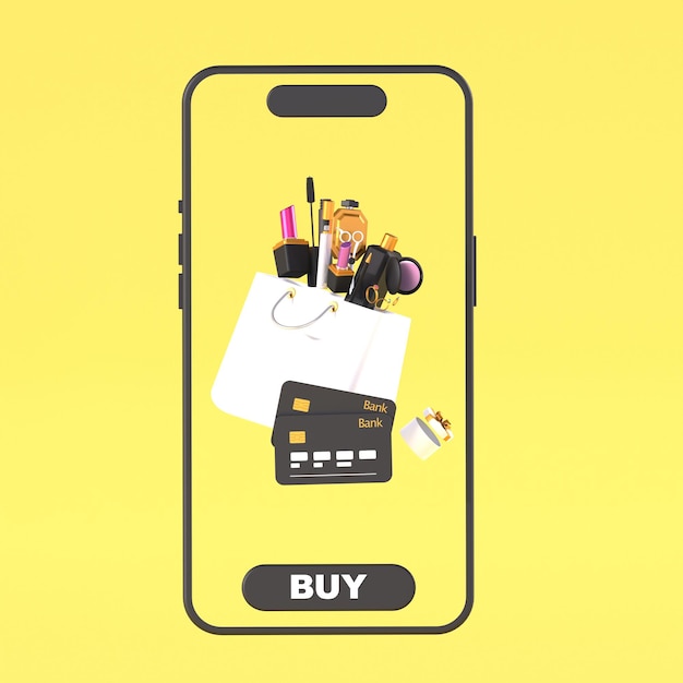 Illustrazione 3D di uno smartphone una borsa con carte bancarie cosmetiche su sfondo giallo