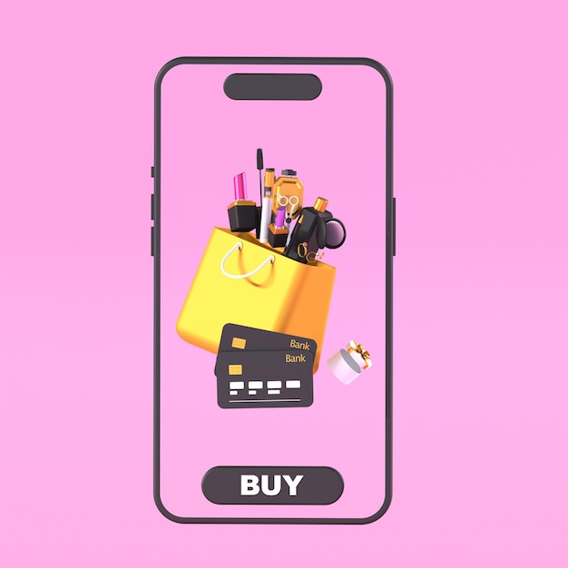 Illustrazione 3D di uno smartphone una borsa con carte bancarie cosmetiche su sfondo rosa
