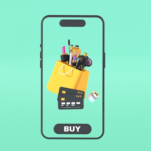 Illustrazione 3D di uno smartphone una borsa con carte bancarie cosmetiche su sfondo turchese